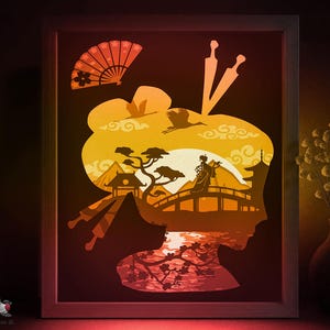 Modello SVG per scatola ombra Japan Scape, Lightbox giapponese Geisha Papercut Cricut SVG, Lightbox in carta tagliata a strati 3D DXF Papercraft