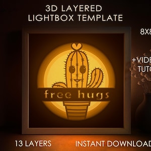 Modello SVG per scatola ombra cactus carino, Lightbox gratuita Hugs Papercut Cricut SVG, Lightbox con pianta a strati 3D Papercut DXF Papercraft