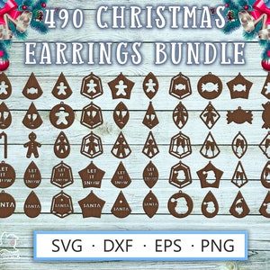 Laser cut earrings template SVG DXF for Cricut, Glowforge, Silhouette – 490 wood craft Christmas designs with gingerbread men, candy shapes, Santa Claus, champagne glasses, festive quotes like Let it Snow and Santa