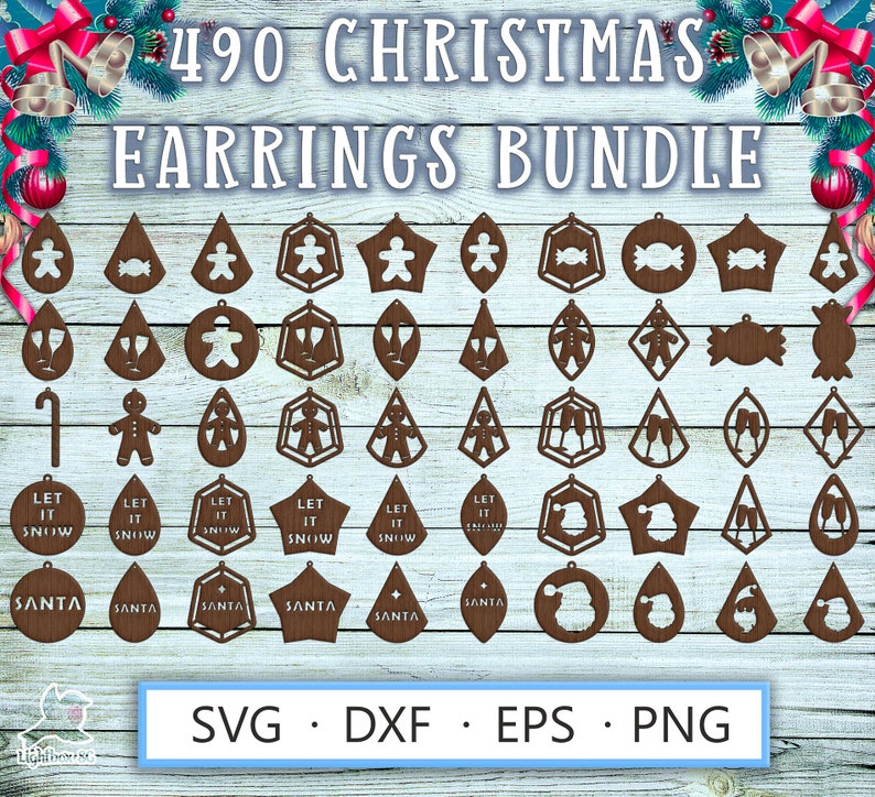 Laser cut earrings template SVG DXF for Cricut, Glowforge, Silhouette – 490 wood craft Christmas designs with gingerbread men, candy shapes, Santa Claus, champagne glasses, festive quotes like Let it Snow and Santa