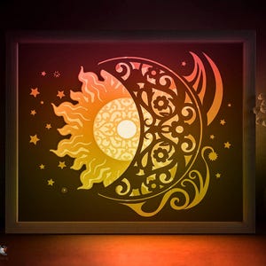 Måne- och solskugglåda SVG-mall, stjärnmönster Pappersklipp Ljuslåda Cricut SVG, 3D-lagerpappersklipp Ljuslåda DXF Papperspyssel