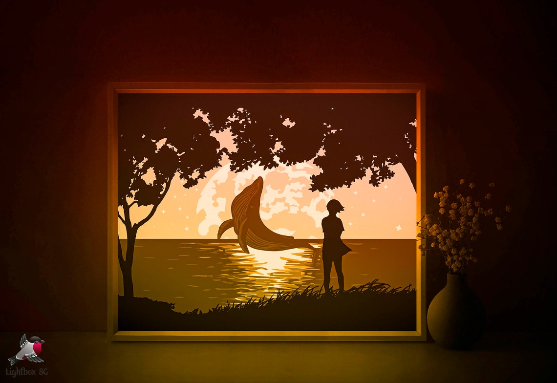 Flying Whale Fantasy Shadow Box SVG Template Anime Ocean - Etsy