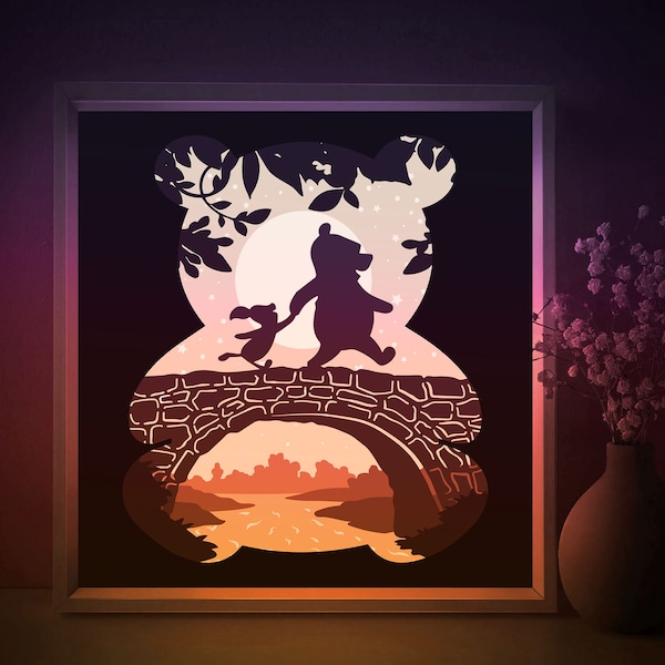 Modèle SVG Winnie Fairytale Shadow box, ami porcelet Papercut Lightbox cricut SVG, 3D en couches papier découpé Lightbox DXF Papercraft