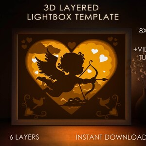 Modello SVG per scatola ombra Cupido Angelo, Lightbox di carta ritagliata di San Valentino Cricut SVG, Lightbox rettangolare di carta a strati 3D con cuore e amore Papercraft