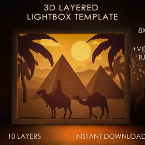 Modèle SVG de boîte d'ombre de pyramides d'Égypte, Nature du désert Papercut Lightbox cricut SVG, 3D en couches 8 x 10 boîte Papier découpé boîte lumineuse DXF