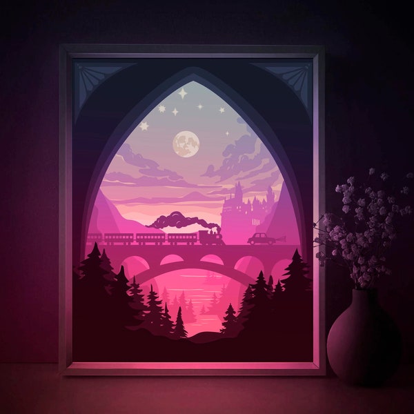 Night Train Shadow box SVG Template, Mountain Forest Nature Papercut Lightbox cricut SVG, 3D layered Paper cut Light box DXF Papercraft