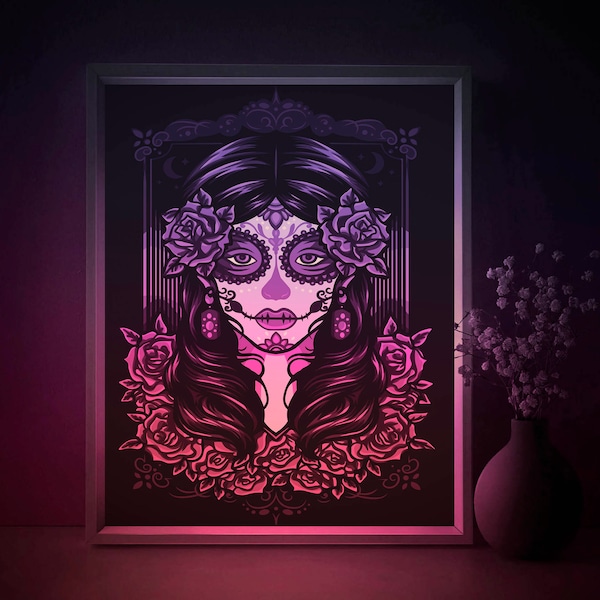 Dia de los Muertos Shadow box SVG Template, Day of Dead Papercut Lightbox cricut SVG, 3D layer La catrina Paper cut Light box DXF Papercraft