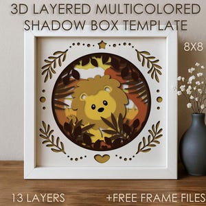 Afrikanischer Löwe Baby Schattenbox SVG-Vorlage, farbiger Papierschnitt Schattenbox Cricut SVG, 3D-Schicht Papierschnitt Kartenbox Papercraft Cardstock DXF