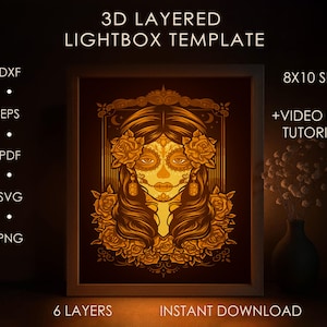 Dia de los Muertos Schattenbox SVG-Vorlage, 3D-Schicht La catrina Papierschnitt Lightbox DXF Papierkunst