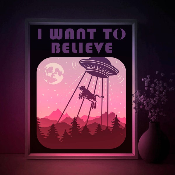 UFO Abducts Cow Shadow box SVG Template, Alien Sci-fi poster Silhouette Papercut Lightbox cricut, 3D layered Paper cut Light box DXF