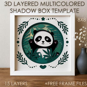 Modelo SVG de caixa de sombra Forest Baby Panda, folhas coloridas de papel recortado, caixa de sombra Cricut DXF, caixa de papel recortado em camadas 3D, arquivo de papel cartão