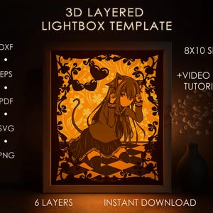 Anime Schoolgirl Shadow box SVG Template, Neko girl Papercut Lightbox cricut SVG, 3D layered Paper cut Light box DXF Papercraft
