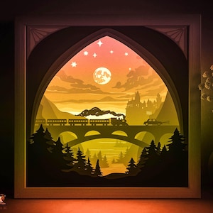 Nattåg Shadow box SVG-mall, Bergskog Natur Pappersklipp Ljuslåda Cricut SVG, 3D-lager Fyrkantig 8x8 låda Pappersklipp Ljuslåda DXF