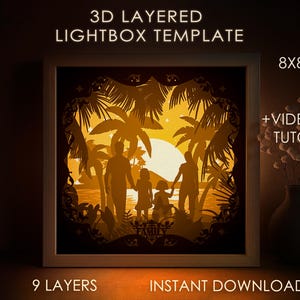 Modello SVG per scatola ombreggiata ritratto di famiglia, Palm Beach Papercut Lightbox Cricut SVG, Bon Voyage Papercut Lightbox a strati 3D DXF Papercraft