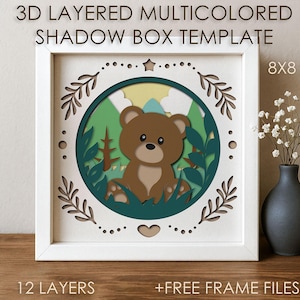 Wald Baby Bär Schattenbox SVG-Vorlage, farbiger Papierschnitt Baum Schattenbox Cricut DXF, 3D-Schicht Papierschnitt box Papierkraft Kartondatei