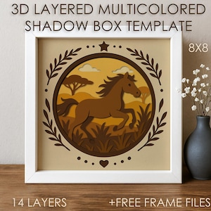Plantilla SVG de caja de sombra de caballo, caja de sombra de campo natural de papel cortado en color Cricut SVG, caja de cartón cortada en capas 3D, papel, artesanía, cartulina DXF