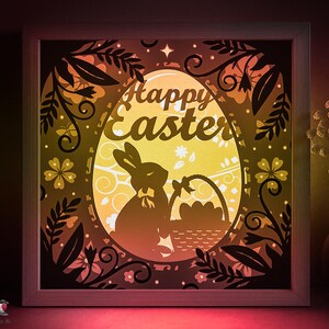 Modello SVG per scatola ombra di Pasqua felice, Lightbox di carta ritagliata con coniglietto pasquale Cricut SVG, Lightbox di carta ritagliata con uovo di coniglio saltellante a strati 3D Papercraft