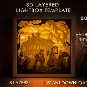 Modello SVG per scatola ombra con fantasmi di Halloween, Lightbox in carta tagliata con casa infestata Cricut SVG, Lightbox in carta tagliata a strati 3D DXF Papercraft
