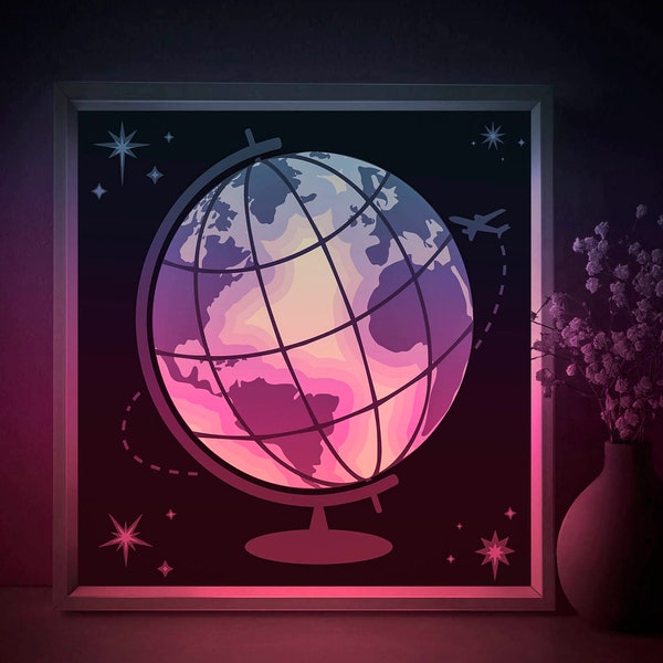 Globe Shadow box SVG Template, Bon Voyage Papercut Lightbox cricut SVG, 3D layered Travel Paper cut Light box DXF Papercraft Globe Shadow box SVG Template, Bon Voyage Papercut Lightbox cricut SVG, 3D layered Travel Paper cut Light box DXF Papercraft