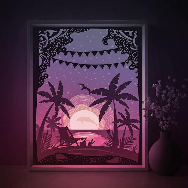 Tropical sea Beach Shadow box SVG Template, Palm trees Papercut Lightbox cricut SVG, 3D layered Paper cut Light box DXF Papercraft