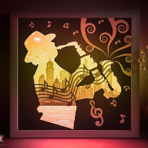 Jazz New York Shadow box modèle SVG, Saxaphone Papercut Lightbox cricut SVG, 3D en couches papier découpé Lightbox DXF Papercraft