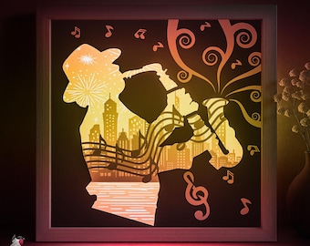 Jazz New York Schattenbox SVG-Vorlage, Saxaphon Papierschnitt Lightbox Cricut SVG, 3D-Schichtung Papierschnitt Lightbox DXF Papercraft