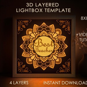 Beste Lehrer aller Zeiten Schattenbox SVG-Vorlage, Mandala Blumenmuster Papierschnitt Lightbox Cricut SVG 3D überlagert Papierschnitt Lightbox DXF Papercraft