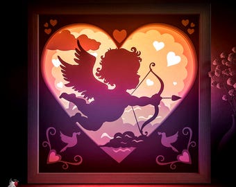 Cupid Angel Shadow box SVG Template, St Valentines Papercut Lightbox cricut SVG, 3D layered Heart Love Paper cut Light box DXF Papercraft