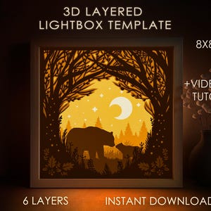 Bear Mom Shadow box SVG-sjabloon, Moederdag Papercut Lightbox cricut SVG, 3D gelaagde bospatroon papier gesneden lichtbak DXF Papercraft