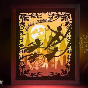 Modello SVG per scatola delle ombre delle fiabe di Peter Pan, scatola luminosa in carta tagliata Never Grow Up Cricut SVG, scatola luminosa in carta tagliata a strati 3D DXF Papercraft