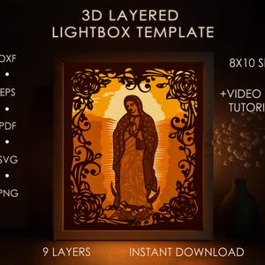 Plantilla SVG de caja de sombra de la Virgen María, caja de luz de corte de papel de la Virgen de Guadalupe, caja de luz de corte de papel en capas 3D DXF Papercraft