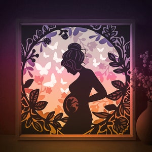 Pregnant Woman Shadow box SVG Template, Mom and Child Papercut Lightbox cricut SVG, 3D layered Flowers Paper cut Light box DXF Papercraft