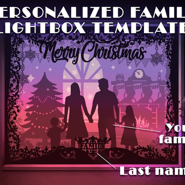 Personalized Family Portrait Shadow box SVG Template, Merry Christmas Papercut Lightbox cricut SVG, 3D layered New year Paper cut Light box Personalized Family Portrait Shadow box SVG Template, Merry Christmas Papercut Lightbox cricut SVG, 3D layered New year Paper cut Light box