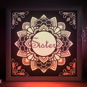 Sister Family Shadow box SVG Template, Mandala flower pattern Papercut Lightbox cricut SVG, 3D layered Paper cut Light box DXF Papercraft