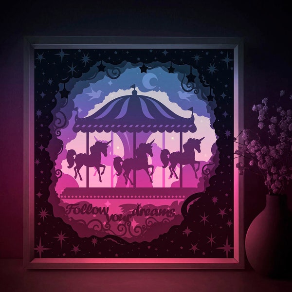 Modèle SVG de boîte d'ombre de carrousel de cheval de licorne, silhouette Papercut Lightbox cricut SVG, 3D en couches papier découpé boîte lumineuse DXF Papercraft
