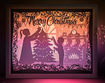 Plantilla SVG de caja de sombras de Feliz Navidad, caja de luz de corte de papel de árbol de Navidad, caja de luz de corte de papel para niños en capas 3D DXF Papercraft