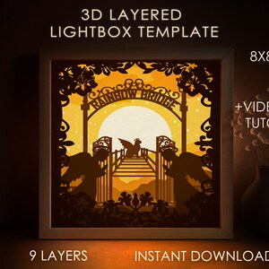Rainbow Bridge Shadow box SVG Template, Cat Heaven Papercut Lightbox cricut SVG, camada 3D Angel Memorial Square 8x8 Papel cortado Light box DXF