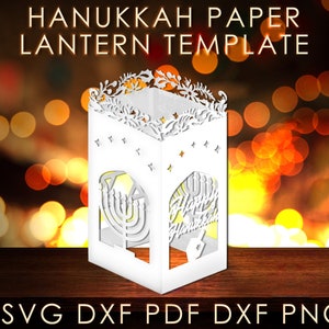 Modèles de lanterne Happy Hanukkah, scène de la menorah découpée en papier lanterne bricolage, modèle de bougies déco judaïsme cricut svg eps dxf art
