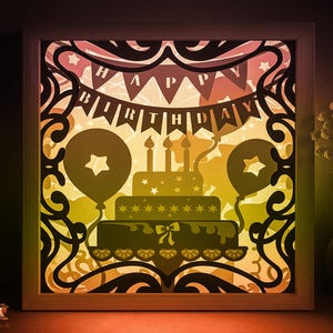 Happy Birthday Schattenbox SVG-Vorlage, Party Kuchen Silhouette Papierschnitt Lightbox Cricut SVG, 3D-Schichtung Papierschnitt Lightbox DXF Papercraft