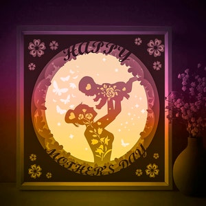 Plantilla SVG de caja de sombras para el Día de la Madre, caja de luz de papel recortada para mamá e hijo, caja de luz de papel recortada con flores en capas 3D, DXF, Papercraft