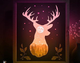 Plantilla SVG de caja de sombra de ciervo del bosque, caja de luz de corte de papel de naturaleza de montañas, caja de luz de corte de papel en capas 3D DXF Papercraft
