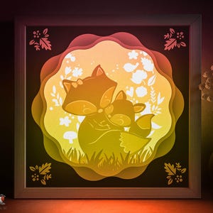 Mama Fuchs Schatten Box SVG-Vorlage, Mama und Kind Papierschnitt Lightbox Cricut SVG, 3D-Karikatur Papierschnitt Lightbox DXF Papercraft