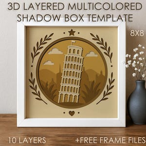 Leaning Tower of Pisa Shadow box SVG Template, Italy Landmark Colored Papercut Lightbox cricut file, 3D layered Papercraft Cardstock DXF PNG