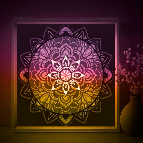 Mandala Shadow box SVG Template, Pattern Papercut Lightbox cricut SVG, 3D layered Flower Paper cut Light box DXF Papercraft
