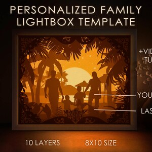 Personalisierte Familien Porträt Schattenbox SVG, benutzerdefinierte Schilder Papierschnitt Lightbox Cricut Vorlage, 3D-Schicht Palm Beach Papierschnitt Lightbox-Datei