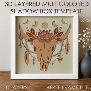 May include: A layered, multicoloured shadow box template with a bull skull design and floral and feather accents. The artwork is in a white frame and includes the text "3D LAYERED MULTICOLORED SHADOW BOX TEMPLATE" and "8x8 SIZE".