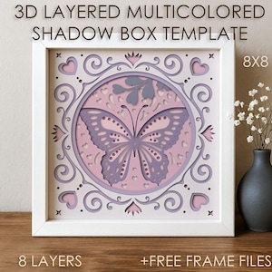 Caixa de sombra de borboleta 3D SVG Template, Padrão de corte de papel colorido Caixa de sombra cricut SVG, Cartão de corte de papel em camadas 3D Papelaria Papelão DXF