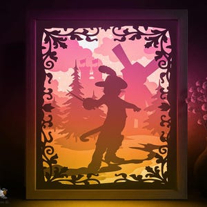 Chat botté Shadow box modèle, célèbre conte de fées Papercut Lightbox cricut SVG, 3D en couches papier découpé Lightbox DXF Papercraft