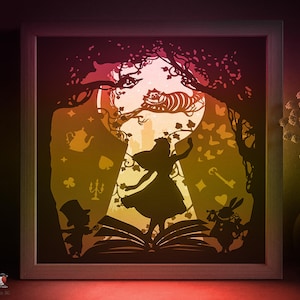 Alice in Wonderland sprookjesachtige schaduwdoos SVG-sjabloon, papercut lightbox cricut SVG, 3D gelaagde papier gesneden lichtbak DXF Papercraft