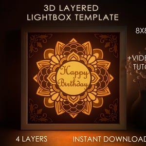 Joyeux anniversaire Shadow box modèle SVG, motif fleur Mandala Papercut Lightbox cricut SVG, 3D en couches papier découpé Lightbox DXF Papercraft